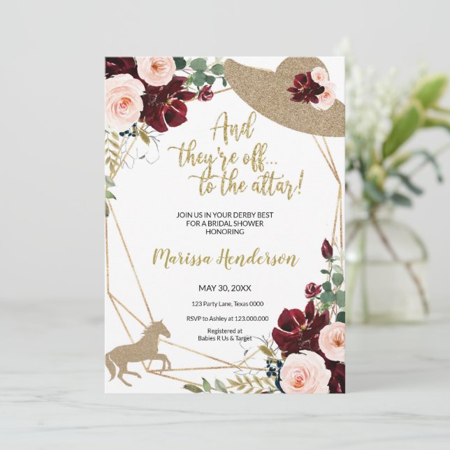 Pink Burgundy Blume Kentucky Derby Brautparty Einladung (Stehend Vorderseite)