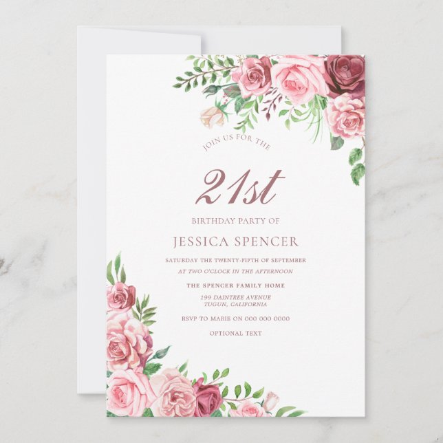 Pink Burgundy Blush Girls 21e Invitation d'anniver (Devant)