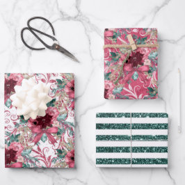 PINK BURGUNDY CHRISTMAS WATERCOLOR BLUME GESCHENKPAPIER SET