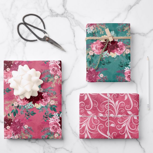 PINK BURGUNDY CHRISTMAS WATERCOLOR BLUME GESCHENKPAPIER SET (Vorderseite)