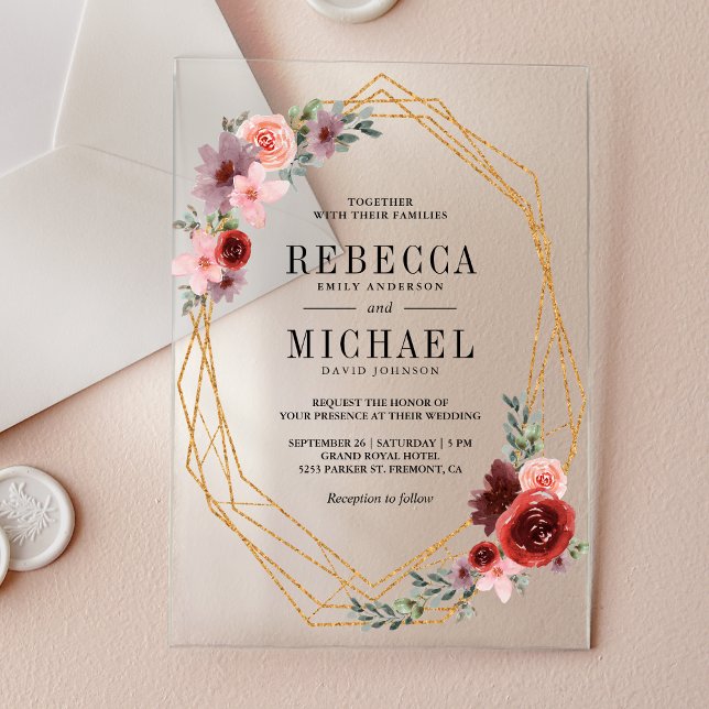 Pink Burgundy Floral Gold Wedding Acryleinladungen (Von Creator hochgeladen)
