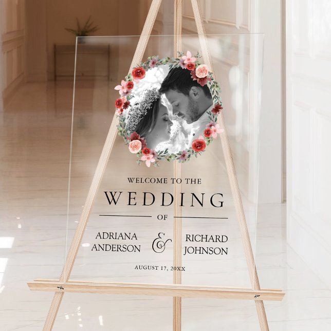 Pink Burgundy Floral Photo Wedding Welcome Sign (Créateur téléchargé)
