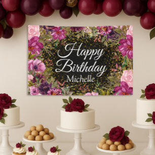 Pink Burgundy Gold Glitzer Black Happy Birthday Banner