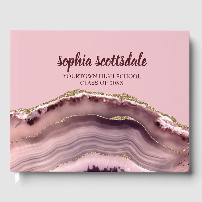 Pink Burgundy Gold Marble Agate Graduation Party Gästebuch (Vorderseite)