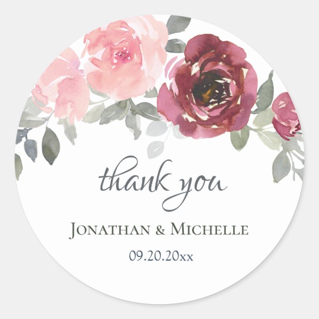 Pink Burgundy Gray Floral Vielen Dank für Ihre Hoc Runder Aufkleber (Vorderseite)