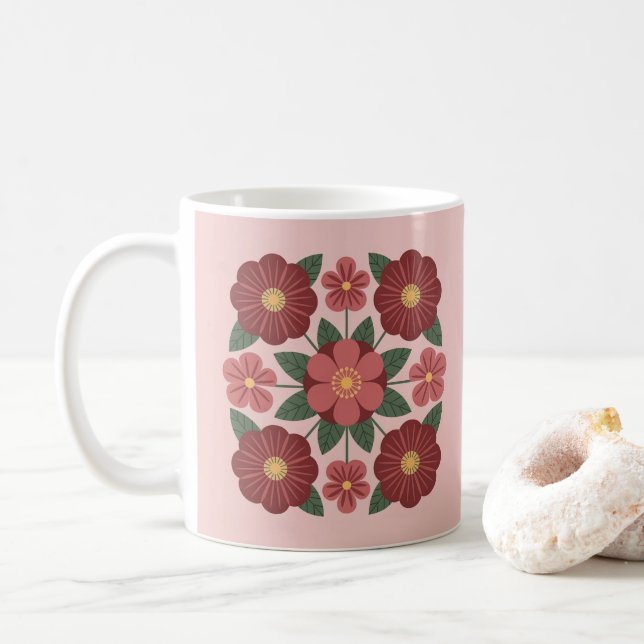 Pink Burgundy Red Flowers Mug (Avec donut)