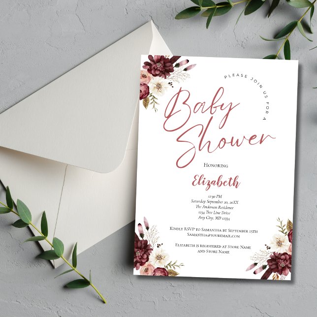 Pink Burgundy Watercolor BläsernBaby Dusche Einladung (Pink Burgundy Floral Baby Girl Baby Shower Invitation. Printed or Instant Digital Download)
