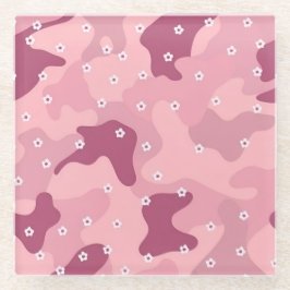 Pink Burgundy White Flowers Camo Glass Coaster Glasuntersetzer