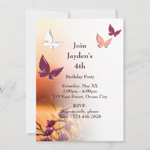 Pink Butfly Party 4th Birthday Invitation Card