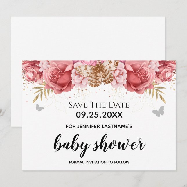 Pink Butterfells Floral Baby Dusche Save the Date Einladung (Vorne/Hinten)