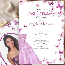 Pink Butterflies And Dress 18th Birthday Debut Einladung