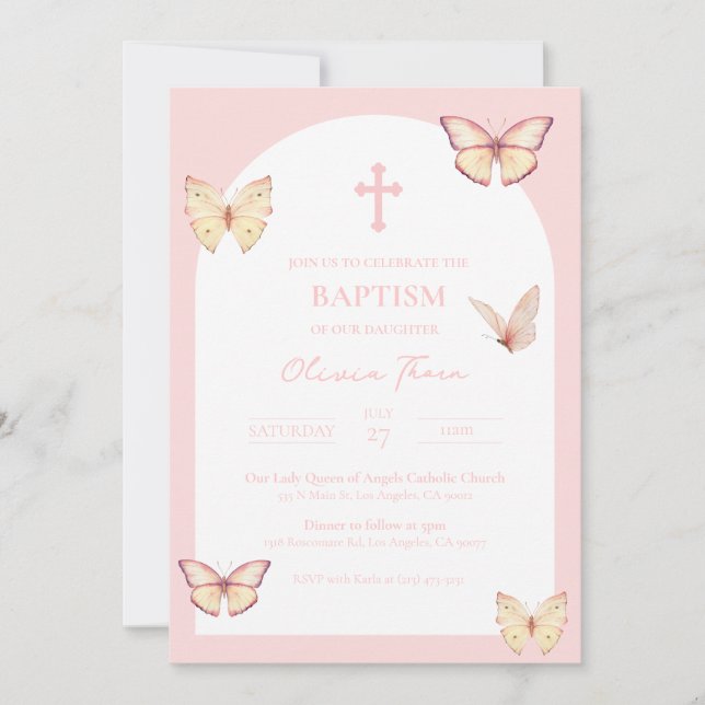 Pink Butterflies Baby Girl Taufe Einladung (Vorderseite)