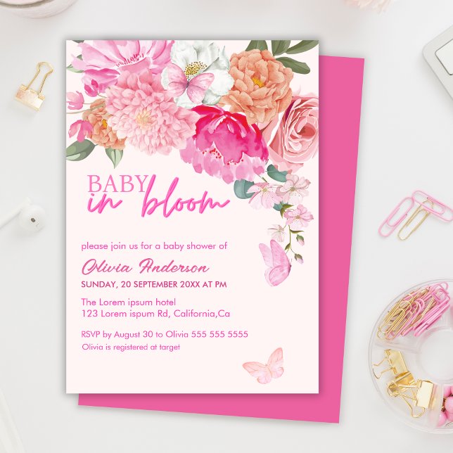Pink Butterflies Baby in Bloom Bloral Baby Dusche Einladung (Von Creator hochgeladen)