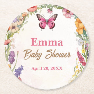 Pink Butterflies Babydusche Blumengarten Runder Pappuntersetzer
