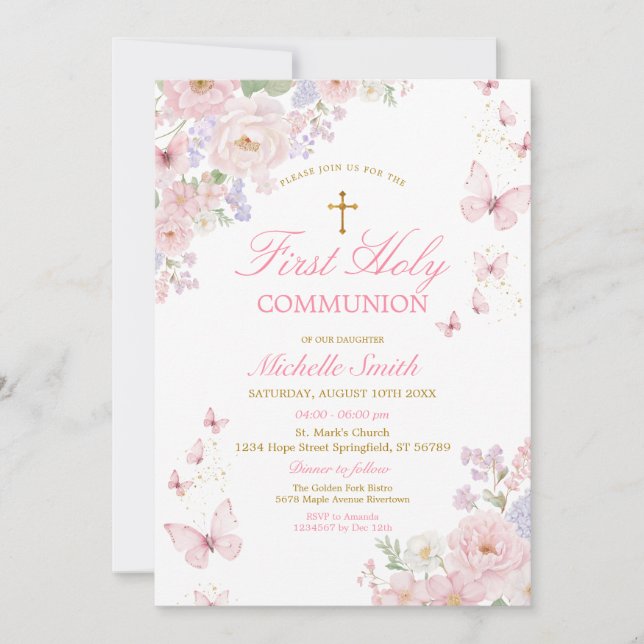 Pink Butterflies Dusty Floral First Holy Communion Einladung (Vorderseite)