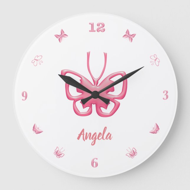 Pink Butterflies Girls anpassen Große Wanduhr (Vorderseite)