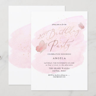 Pink Butterflies Watercolor Champagne 20 JAHRE Einladung