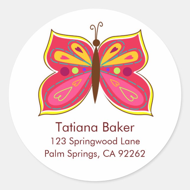 Pink Butterfly Address Labels Runder Aufkleber (Vorderseite)