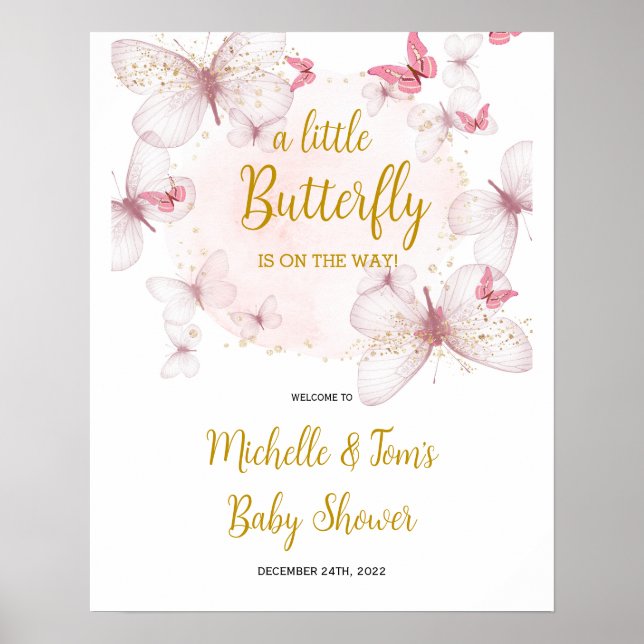 Pink Butterfly Baby Dusche Begrüßungszeichen Poster (Vorne)