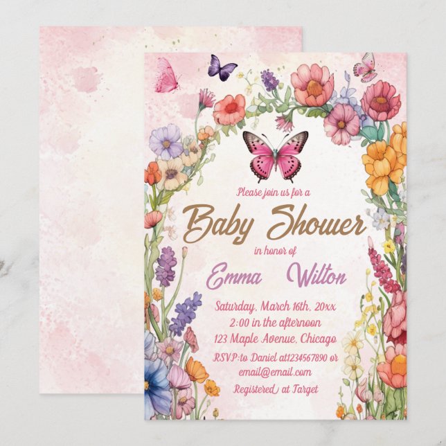 Pink Butterfly Baby Dusche Blumengarten Einladung (Vorne/Hinten)