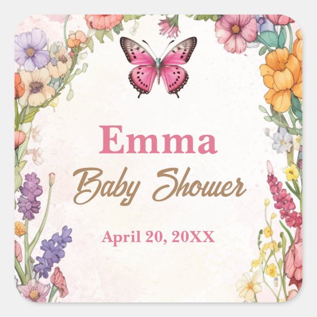 Pink Butterfly Baby Dusche Blumengarten Quadratischer Aufkleber (Vorderseite)