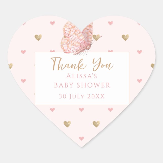 Pink Butterfly Baby Dusche Danke Herz-Aufkleber (Vorderseite)