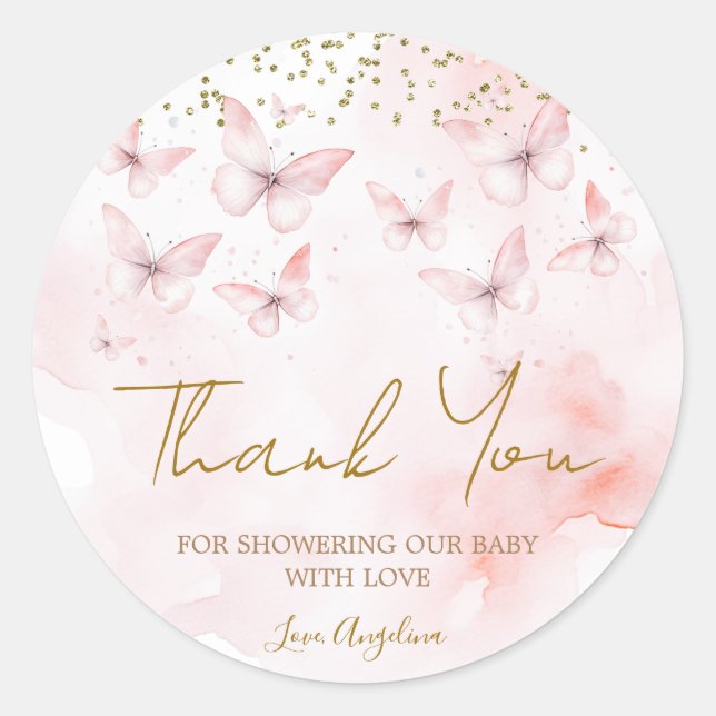 Pink Butterfly Baby Dusche Danke Runder Aufkleber (Vorderseite)