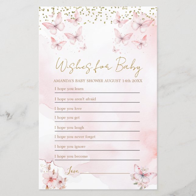 Pink Butterfly Baby Dusche Wünsche für Baby Game (Vorderseite)