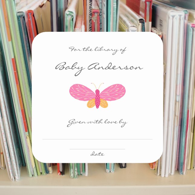 Pink Butterfly Babydusche Buchzeichen Quadratischer Aufkleber (Von Creator hochgeladen)