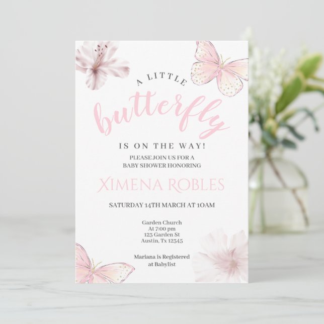 Pink Butterfly Babydusche Girl Einladung (Stehend Vorderseite)