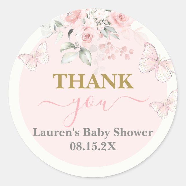 Pink Butterfly Babydusche Girl Runder Aufkleber (Vorderseite)