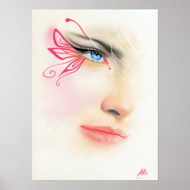 Pink Butterfly Blue Eye Fantasy Art POSTER (Vorne)