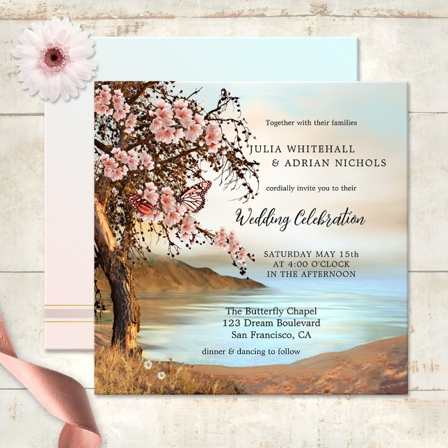 Pink Butterfly Cherry Blossom Einladung Hochzeit (Spring wedding invitation featuring an ocean with a cherry blossom tree and pink butterflies)