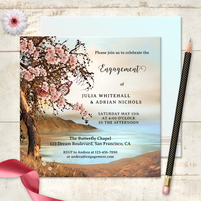 Pink Butterfly Cherry Blossom Verlobung Einladung (Engagement invitation featuring a painting of an ocean with a cherry blossom tree and butterflies)