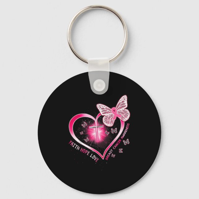 Pink Butterfly Cross Faith Hope Liebe Brustkrebs Schlüsselanhänger (Vorderseite)