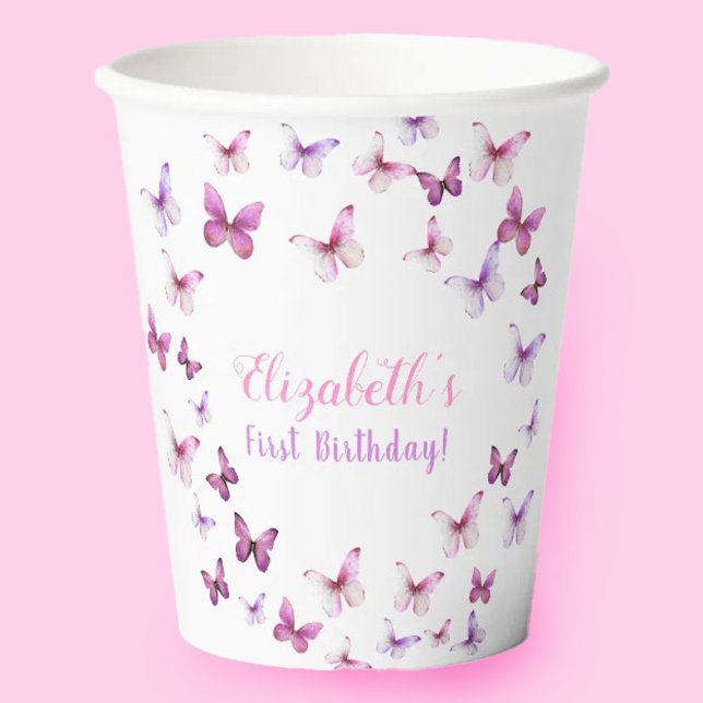 Pink Butterfly First Birthday Baby Girl Pappbecher (Von Creator hochgeladen)
