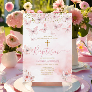 Pink Butterfly Floral Girl Christening Taufe Einladung