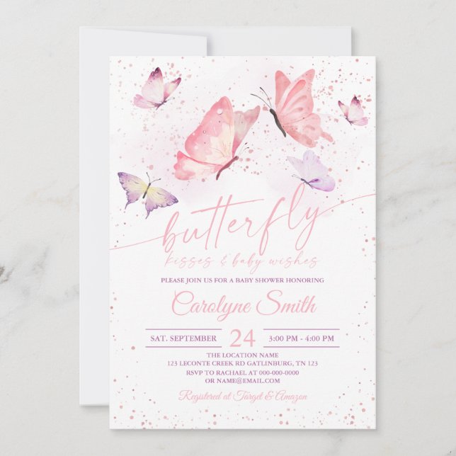 Pink Butterfly Kisses & Baby wünscht Babydusche Einladung (Vorderseite)