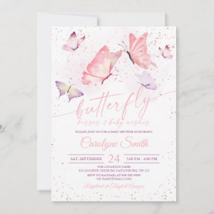 Pink Butterfly Kisses & Baby wünscht Babydusche Einladung