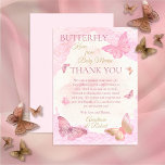 Pink Butterfly Kisses Girl Baby Dusche Dankeskarte<br><div class="desc">Sweetly pink,  mauve,  rot und gold "Butterfly Kisses" Mädchen Dusche "Danke" Design mit Schmetterlingen in verschiedenen farblich abgestimmten Kombinationen auf einem Aquarell-Hintergrund von hellrot und rosa. Composite Design von Holiday Hearts Designs.</div>