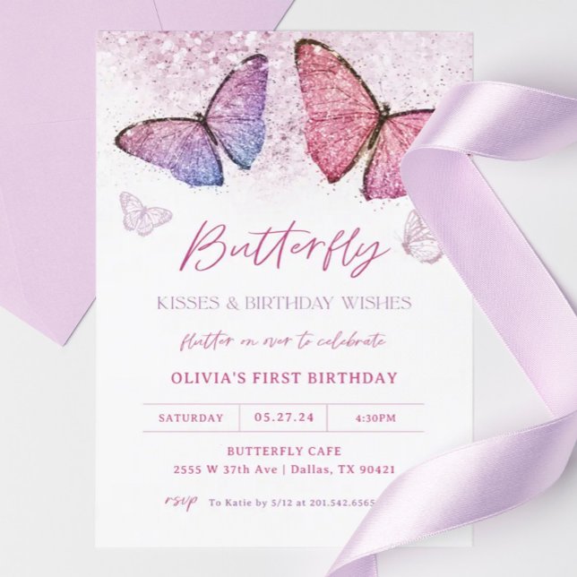 Pink Butterfly Kisses Girl Birthday Party Einladung (Von Creator hochgeladen)