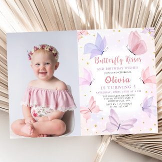Pink Butterfly Kisses Girls Birthday Party Foto Einladung