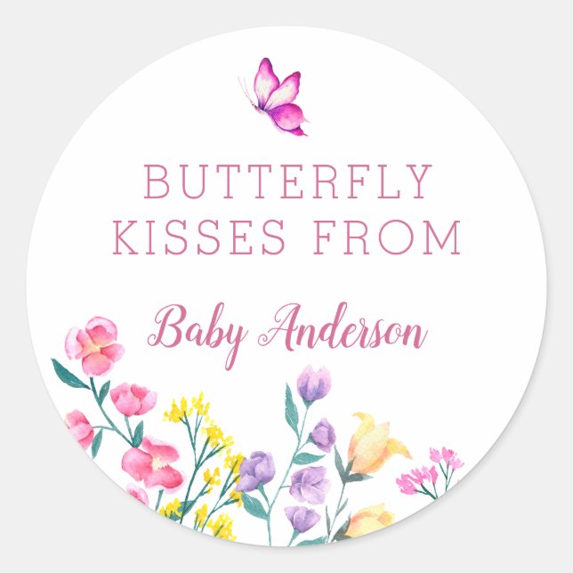Pink Butterfly Kisses Spring Baby Dusche Gefallen Runder Aufkleber (Vorderseite)