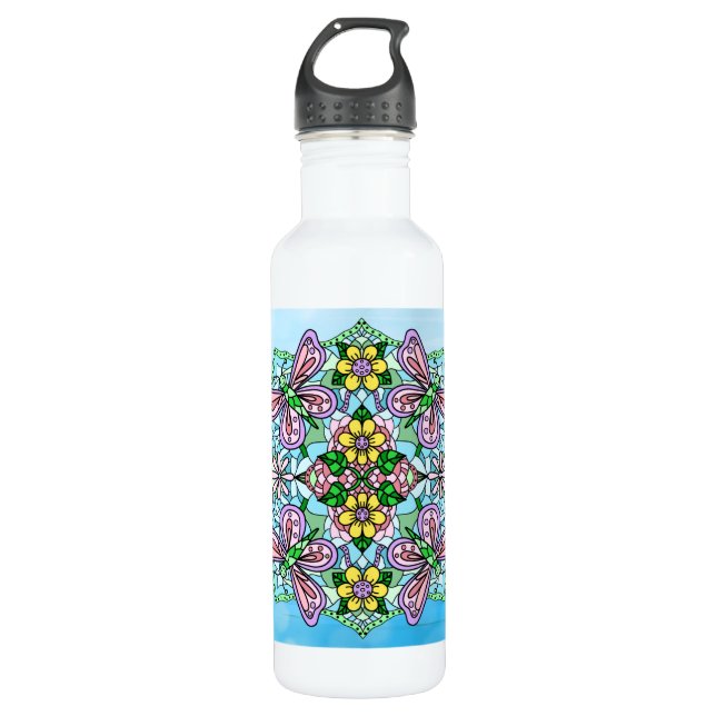 Pink Butterfly Mandala Whimsical Hand Drawing Edelstahlflasche (Vorderseite)