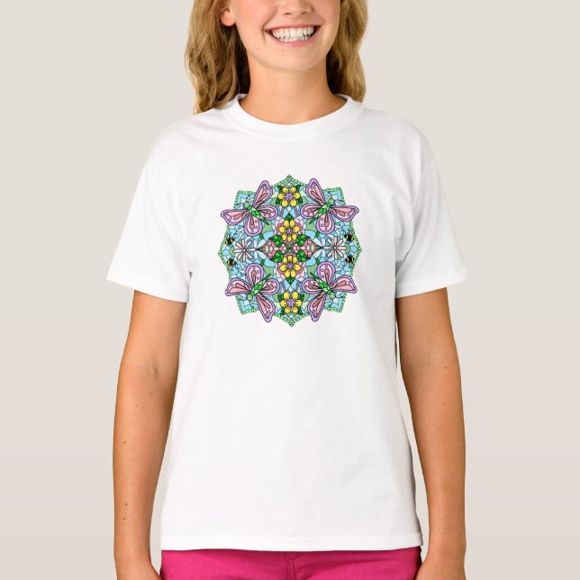 Pink Butterfly Mandala Whimsical Hand Drawing T-Shirt (Vorderseite)