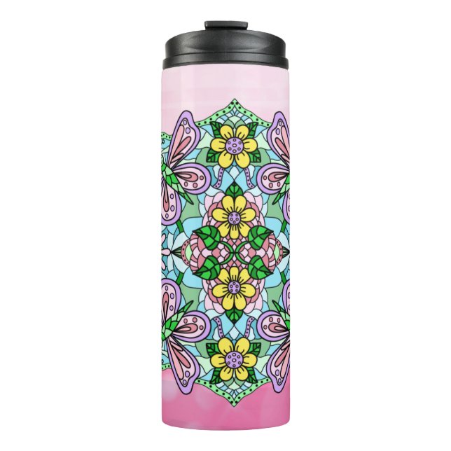 Pink Butterfly Mandala Whimsical Hand Drawing Thermosbecher (Vorderseite)