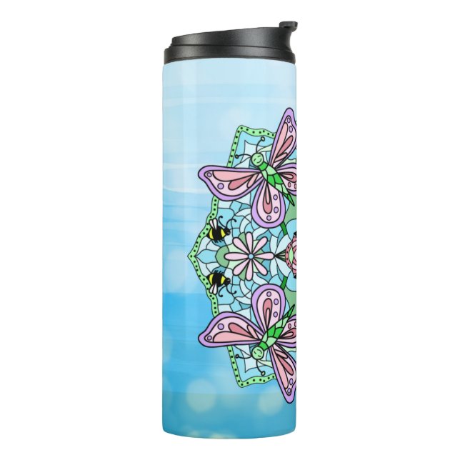 Pink Butterfly Mandala Whimsical Hand Drawing Thermosbecher (Nach links gedreht)