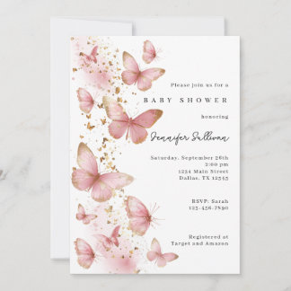 Pink Butterfly Minimalist Baby Shower Invitation Einladung