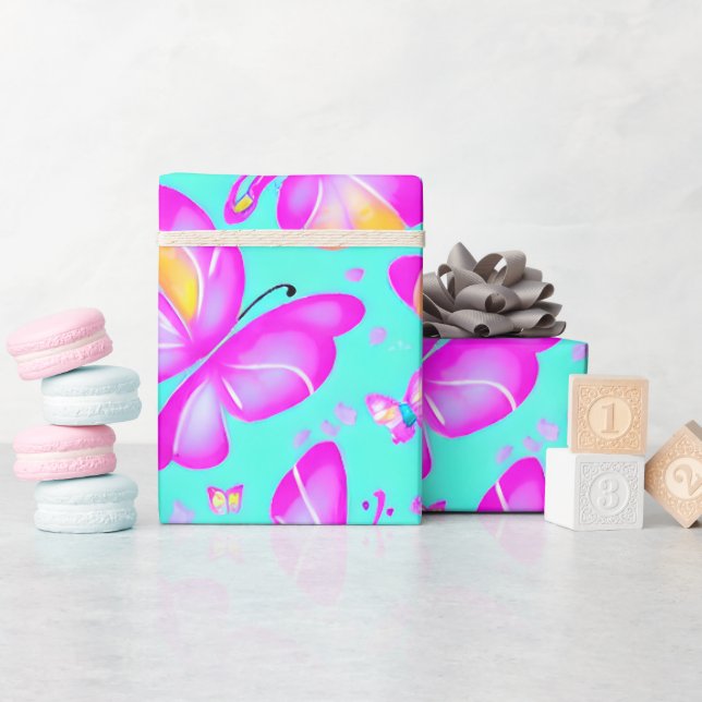 Pink Butterfly Pastel Naturverpackungspapier Geschenkpapier (Babyparty)