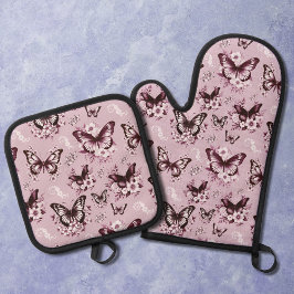 Pink Butterfly Pattern Ofenhandschuh & Topflappen-Set